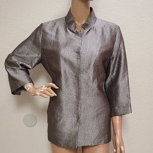 EILEEN FISHER TEXTURED 100% SILK MANDARIN COLLAR 3/4-SLEEVE JACKET TOP sz M